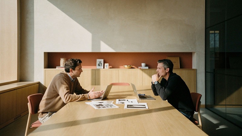 Two people in conversation across a meeting table