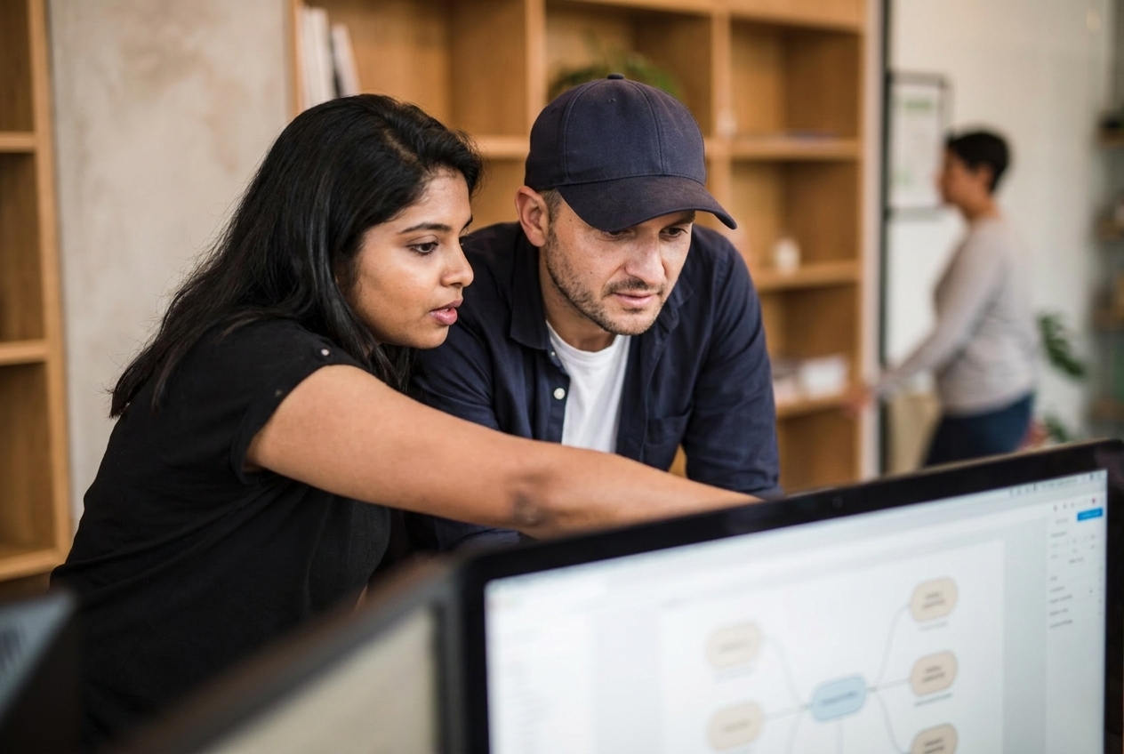 Two colleagues reviewing a product flow on a monitor