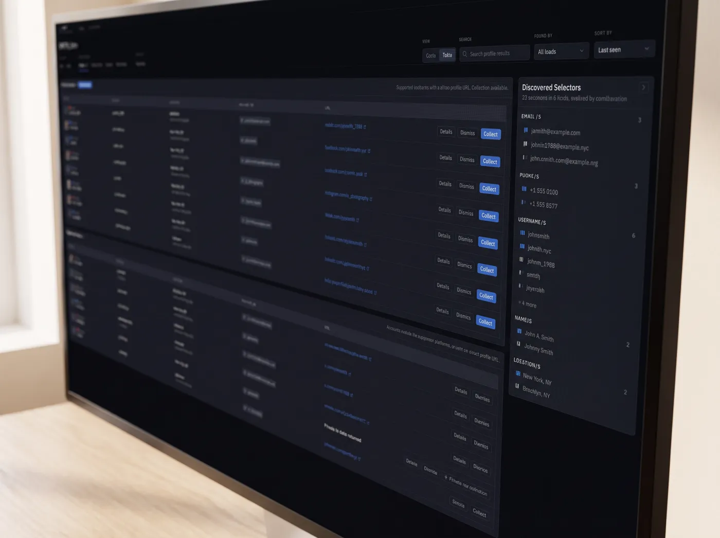 Signal's profile results and discovered selectors on a desktop monitor, demonstration data