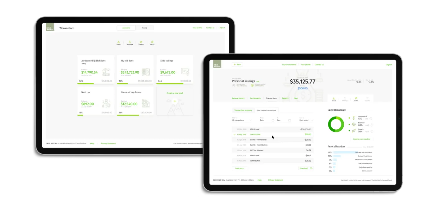 Kiwi Wealth goals overview and a savings account's transactions on two tablets