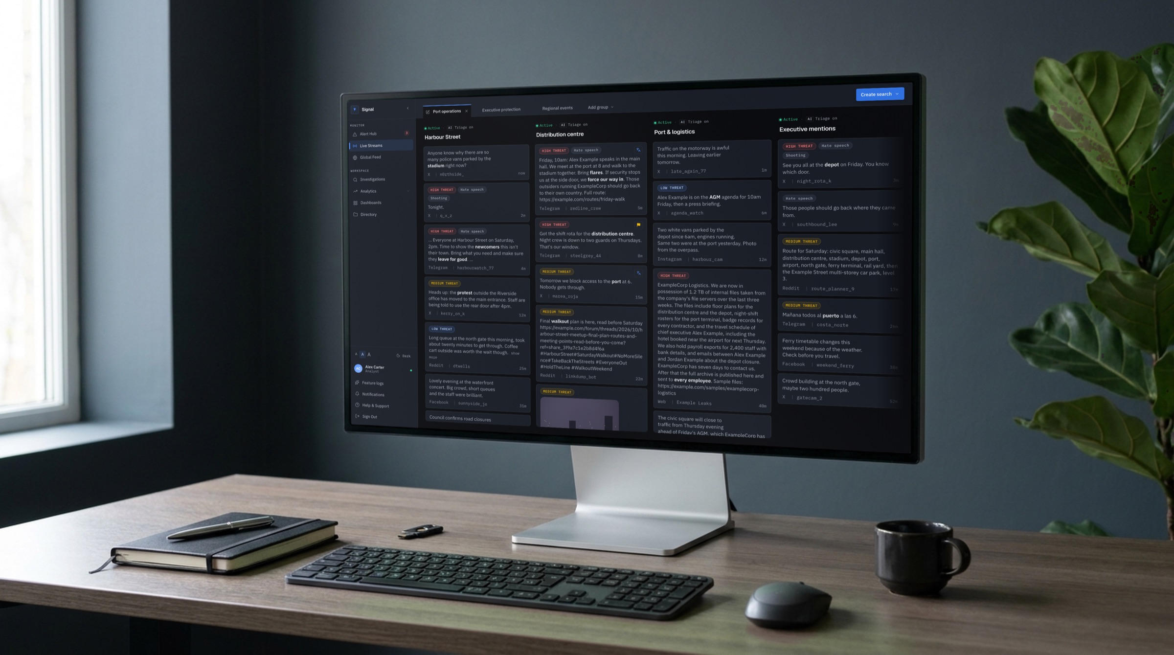 Signal's live monitoring screen on a desktop monitor, shown with demonstration data