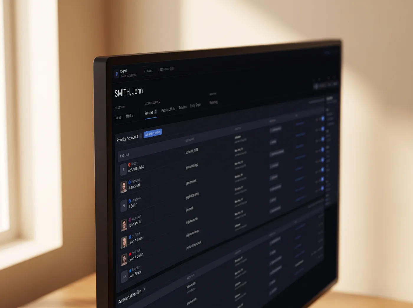 Signal's profile list for an investigation on a desktop monitor, demonstration data